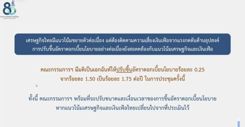 กนง.ขึ้นอัตราดอกเบี้ยนโยบายร้อยละ 0.25